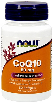 NOW Q10 Coenzyme, Кофермент Q10 50 мг + Селен, Витамин Е - 50 капсул