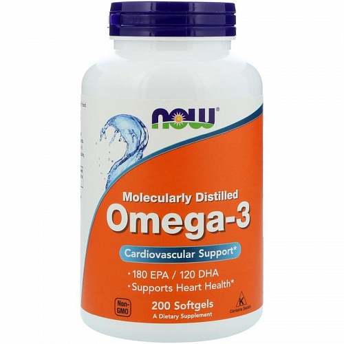 NOW Omega-3, Омега-3 180EPA/120DHA 1000 мг - 200 капсул - цена 2 154.72 руб., инструкция по применению, показания и противопоказания, состав, форма выпуска, свойства