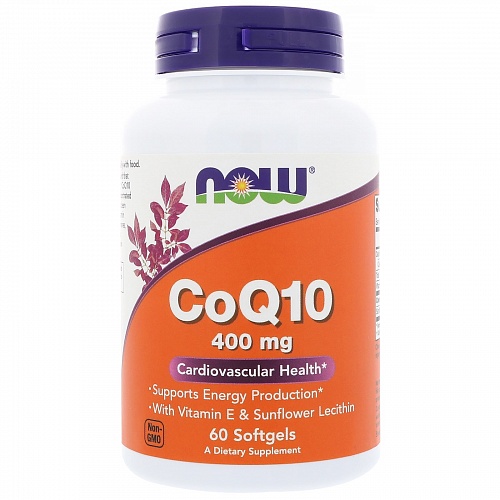 NOW Q10 Coenzyme, Кофермент Q10 400 мг + Лецитин Подсолнечника, Витамин Е - 60 капсул